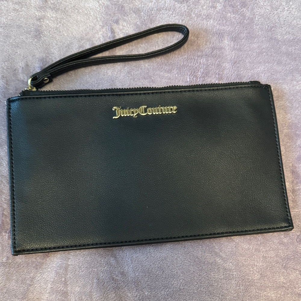 Juicy Couture Black Leather Zip Wristlet with Gold Logo